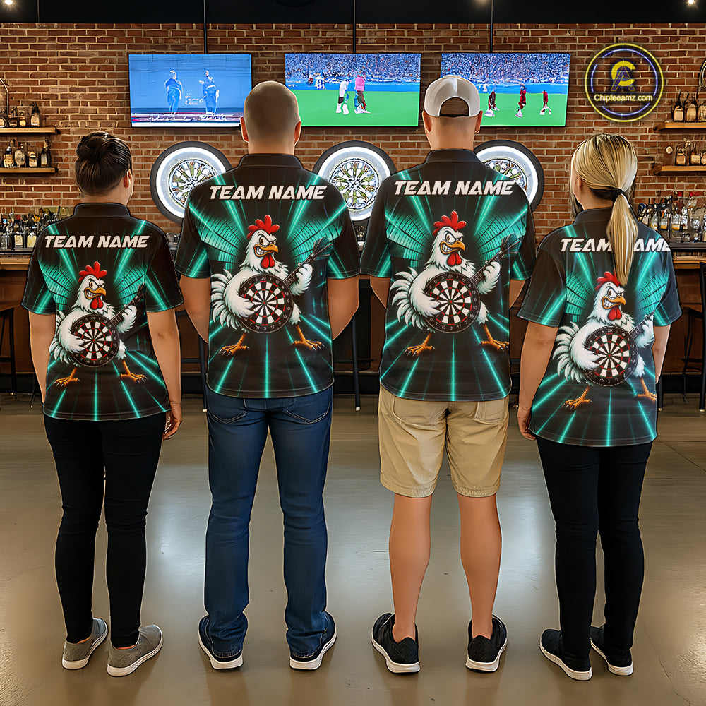 Teal Funny Chicken Playing Dartboard Guitar Custom Darts Shirts For Men, Darts Team Jersey TDM7204