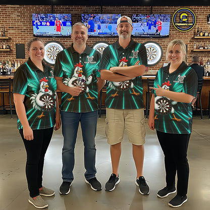 Teal Funny Chicken Playing Dartboard Guitar Custom Darts Shirts For Men, Darts Team Jersey TDM7204
