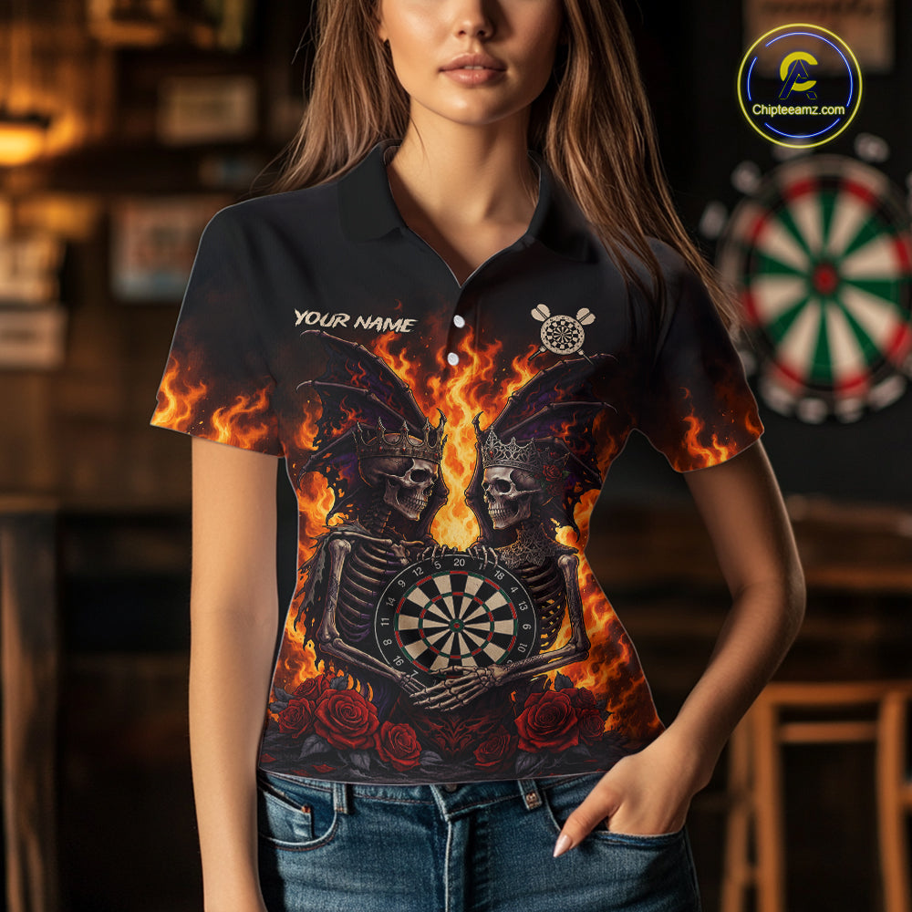 Personalized Flaming Gothic Skeleton With Wings Darts Shirts For Women Custom Couple Darts Jersey TDM7208