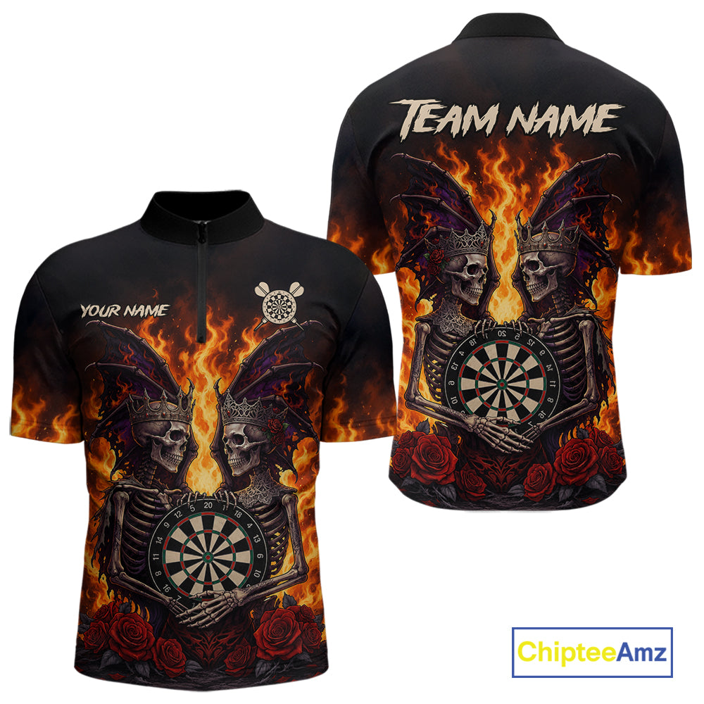 Personalized Flaming Gothic Skeleton With Wings Darts Shirts For Men Custom Couple Darts Jersey TDM7208
