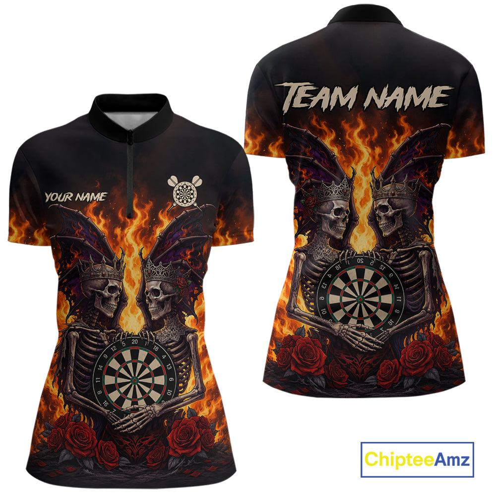 Personalized Flaming Gothic Skeleton With Wings Darts Shirts For Women Custom Couple Darts Jersey TDM7208