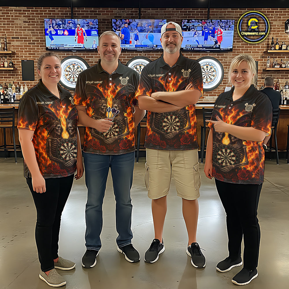 Personalized Flaming Gothic Skeleton With Wings Darts Shirts For Men Custom Couple Darts Jersey TDM7208