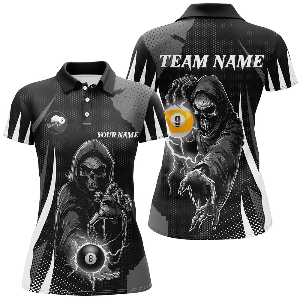 Funny Black Death Skeleton 8 Ball & 9 Ball Billiard Shirts For Women Custom League Billiard Jerseys TDM2464