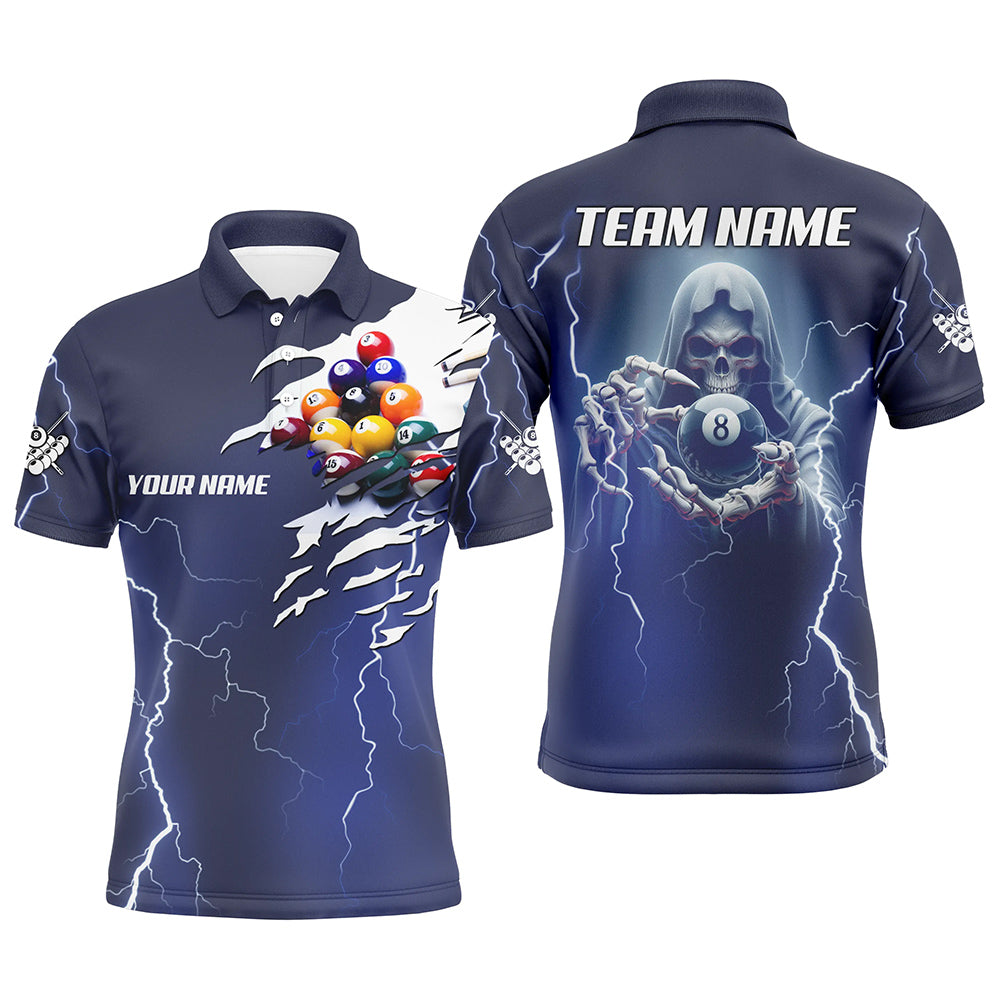 Billiard Skeleton Thunder Lighting Personalized Blue Men Polo Shirts, Billiards Jerseys Uniform TDM1091