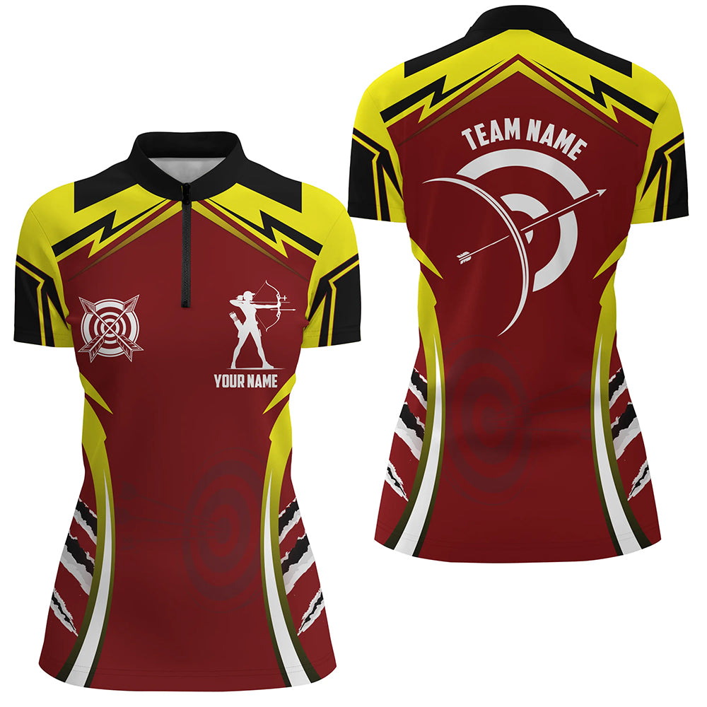 Personalized Red Yellow Archery Games Tournament Women Quarter-Zip Shirts, Archery Jerseys TDM1422