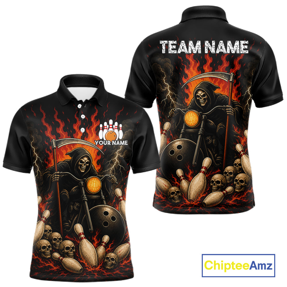 Funny Grim Reaper Motorcycle Bowling Shirts For Men Custom Orange Flame Bowling Team Jersey TDM7214