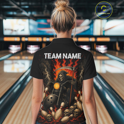 Funny Grim Reaper Motorcycle Bowling Shirts For Women Custom Orange Flame Bowling Team Jersey TDM7214