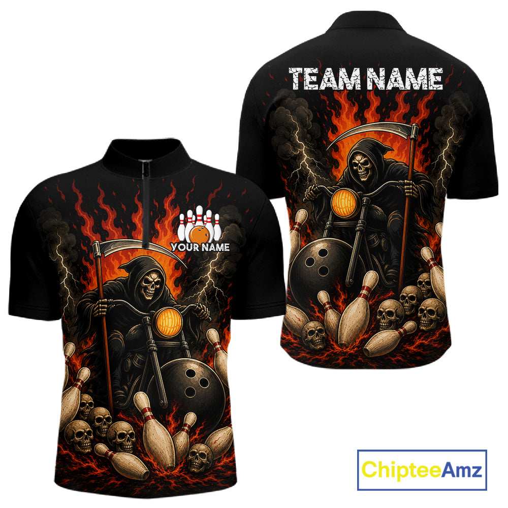 Funny Grim Reaper Motorcycle Bowling Shirts For Men Custom Orange Flame Bowling Team Jersey TDM7214