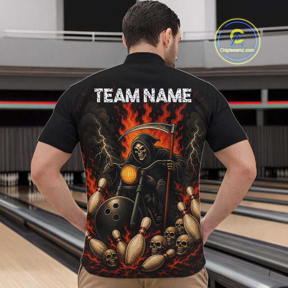 Funny Grim Reaper Motorcycle Bowling Shirts For Men Custom Orange Flame Bowling Team Jersey TDM7214