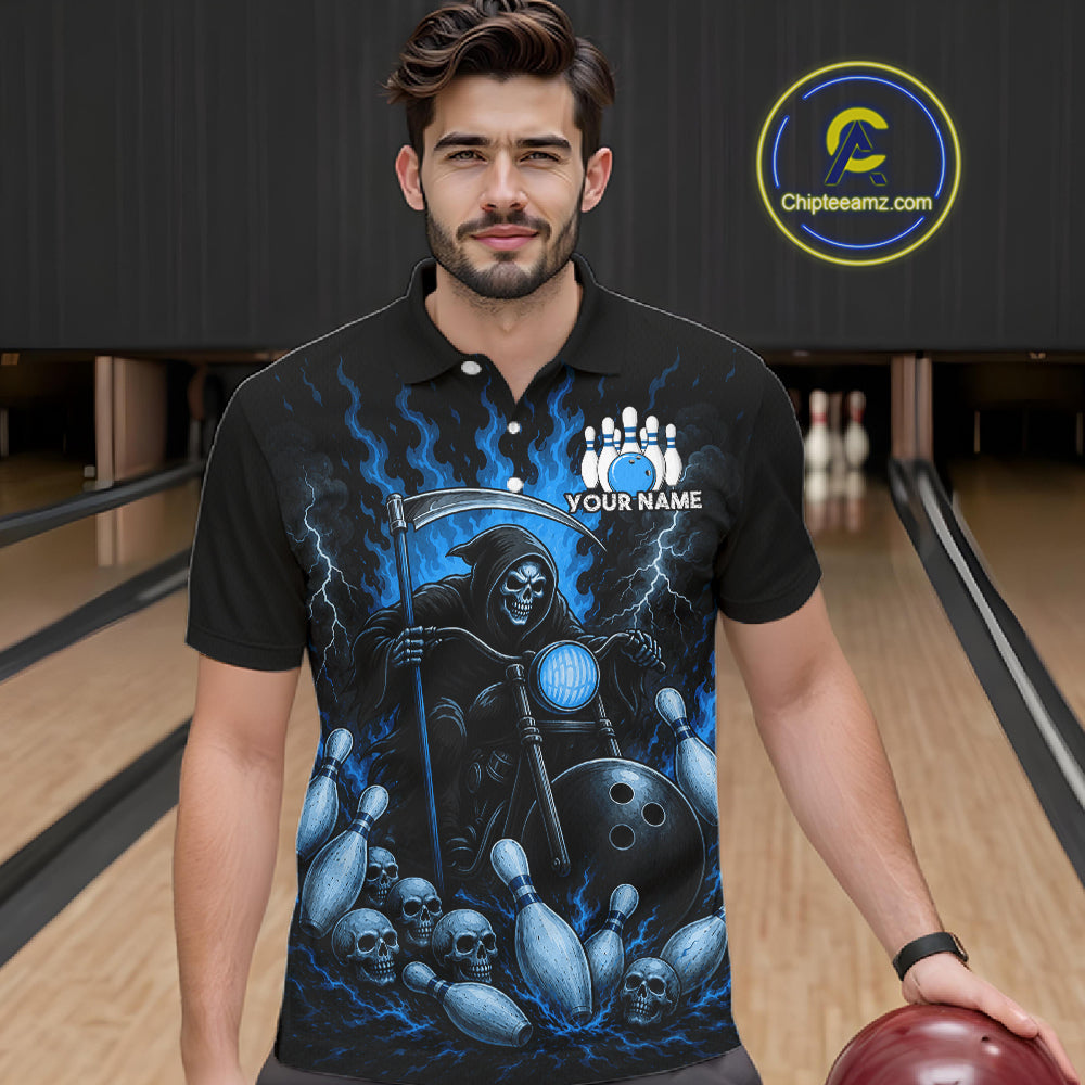 Funny Grim Reaper Motorcycle Bowling Shirts For Men Custom Blue Flaming Bowling Team Jersey TDM7215