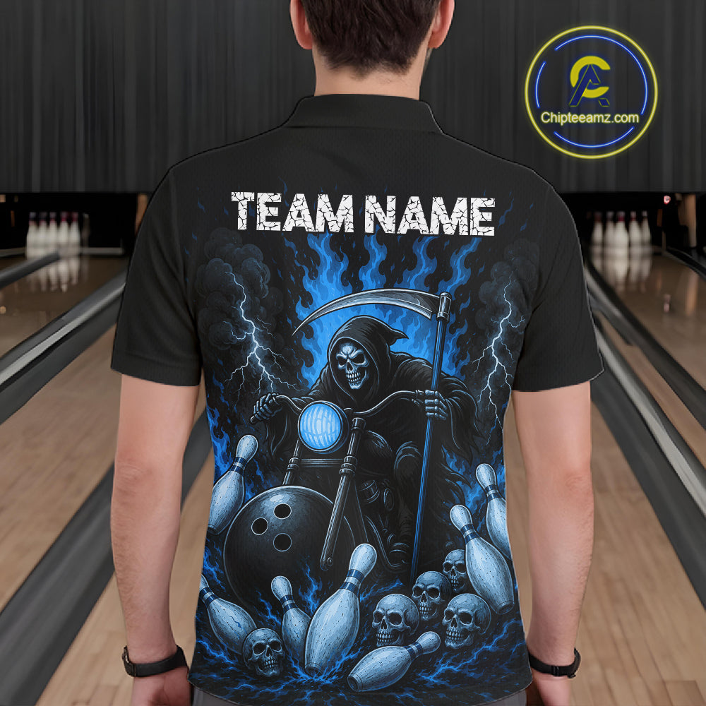 Funny Grim Reaper Motorcycle Bowling Shirts For Men Custom Blue Flaming Bowling Team Jersey TDM7215