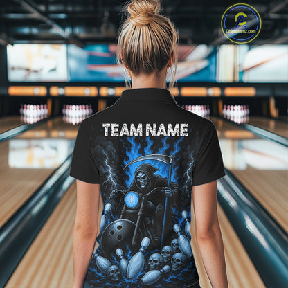 Funny Grim Reaper Motorcycle Bowling Shirts For Women Custom Blue Flaming Bowling Team Jersey TDM7215