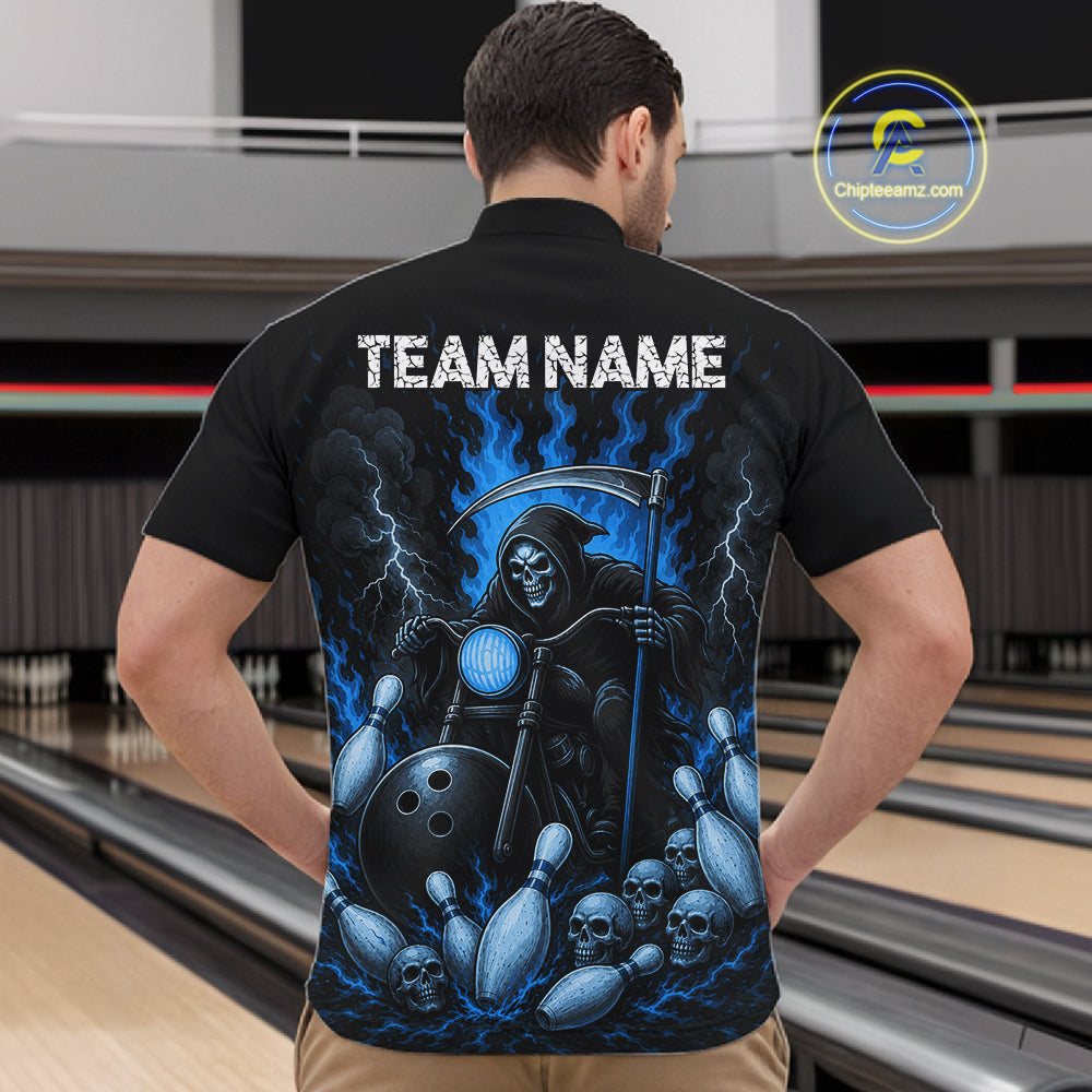 Funny Grim Reaper Motorcycle Bowling Shirts For Men Custom Blue Flaming Bowling Team Jersey TDM7215