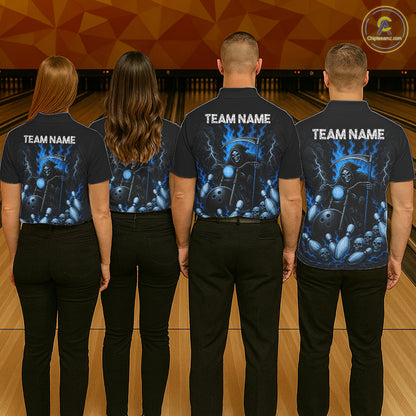 Funny Grim Reaper Motorcycle Bowling Shirts For Women Custom Blue Flaming Bowling Team Jersey TDM7215