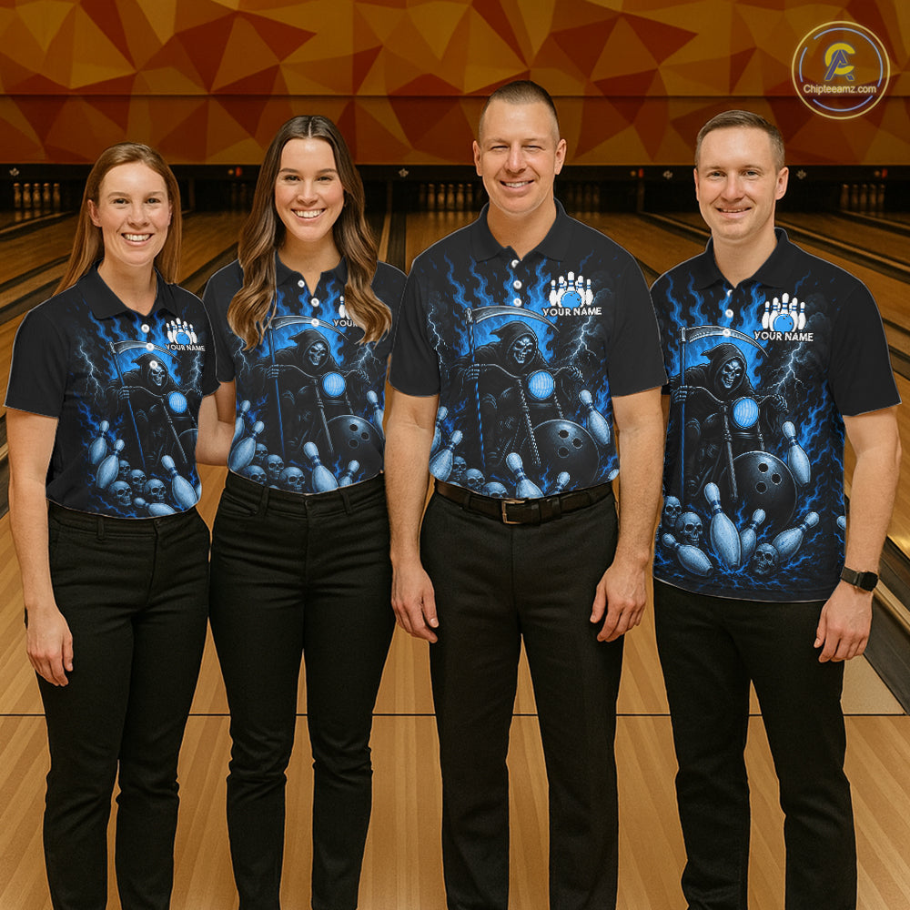 Funny Grim Reaper Motorcycle Bowling Shirts For Women Custom Blue Flaming Bowling Team Jersey TDM7215