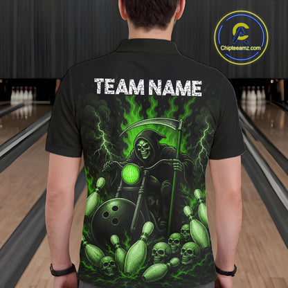 Funny Grim Reaper Motorcycle Bowling Shirts For Men Custom Green Flaming Bowling Team Jersey TDM7216
