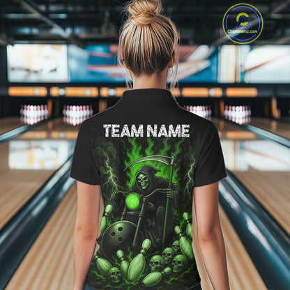 Funny Grim Reaper Motorcycle Bowling Shirts For Women Custom Green Flaming Bowling Team Jersey TDM7216