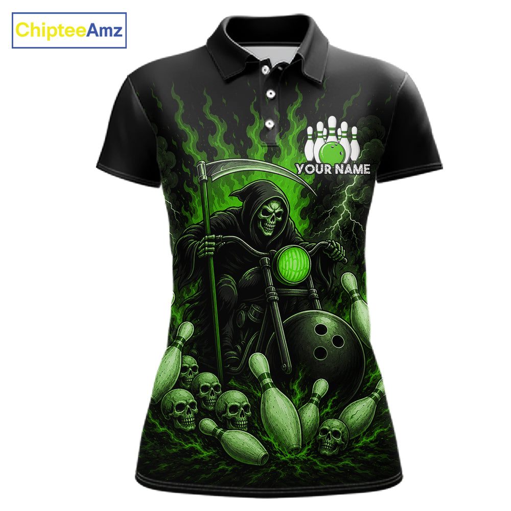 Funny Grim Reaper Motorcycle Bowling Shirts For Women Custom Green Flaming Bowling Team Jersey TDM7216