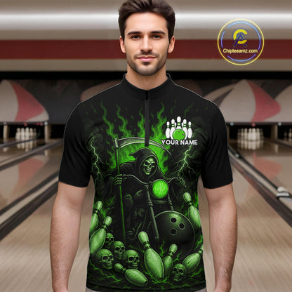 Funny Grim Reaper Motorcycle Bowling Shirts For Men Custom Green Flaming Bowling Team Jersey TDM7216