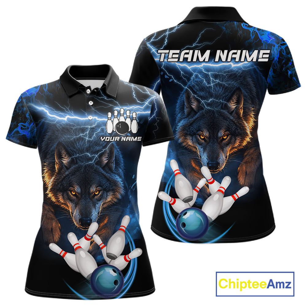 Personalized Blue Lightning Thunder Wolf Bowling Shirts For Women Custom Bowling League Team Jersey TDM7217