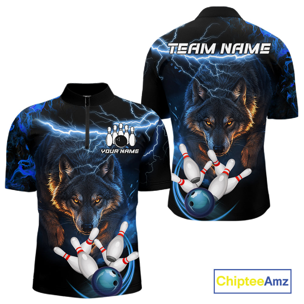 Personalized Blue Lightning Thunder Wolf Bowling Shirts For Men Custom Bowling League Team Jersey TDM7217