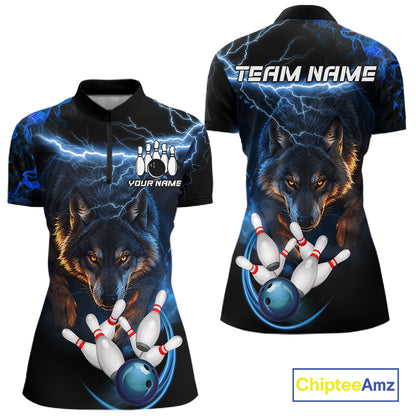 Personalized Blue Lightning Thunder Wolf Bowling Shirts For Women Custom Bowling League Team Jersey TDM7217