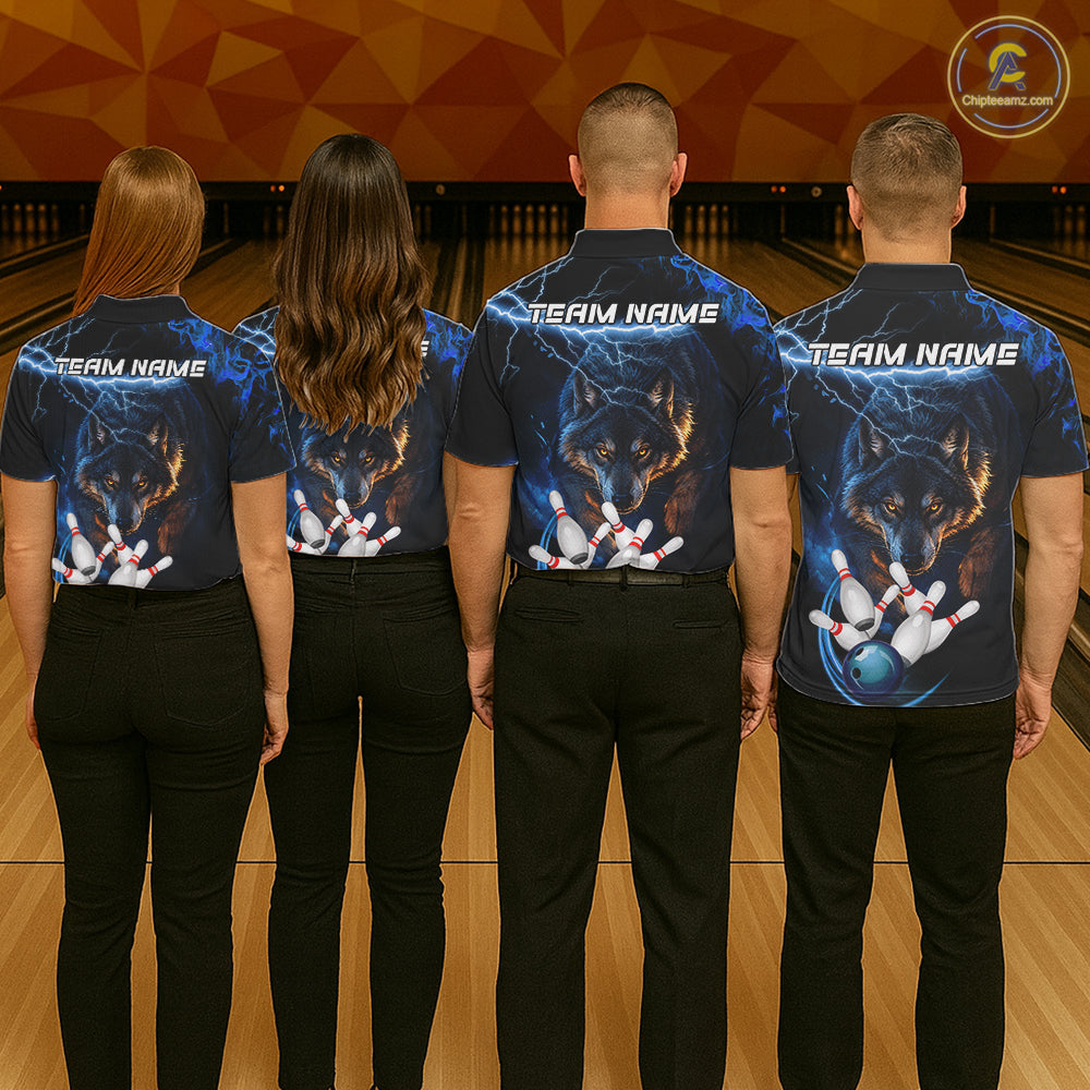 Personalized Blue Lightning Thunder Wolf Bowling Shirts For Men Custom Bowling League Team Jersey TDM7217