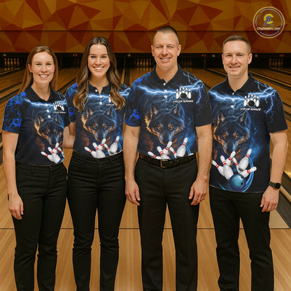 Personalized Blue Lightning Thunder Wolf Bowling Shirts For Men Custom Bowling League Team Jersey TDM7217