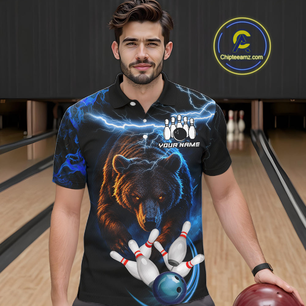 Personalized Blue Lightning Thunder Bear Bowling Shirts For Men Custom Bowling League Team Jersey TDM7218