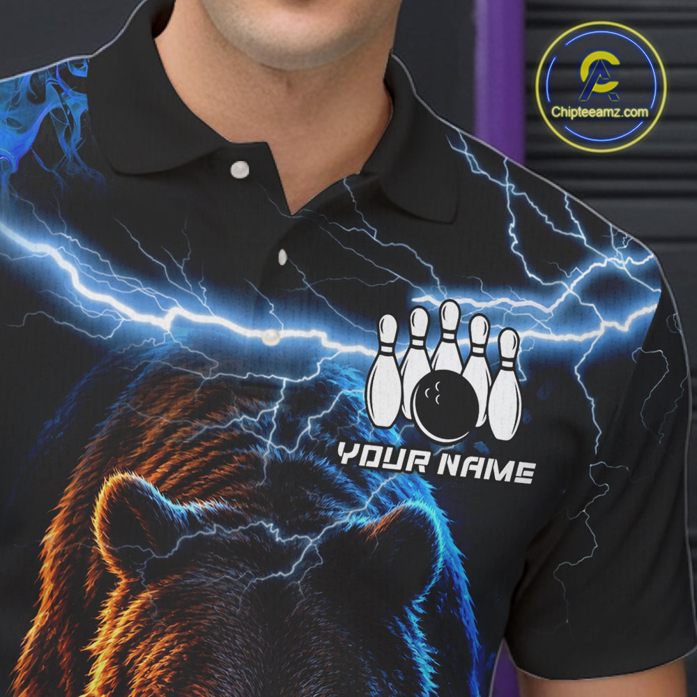 Personalized Blue Lightning Thunder Bear Bowling Shirts For Men Custom Bowling League Team Jersey TDM7218