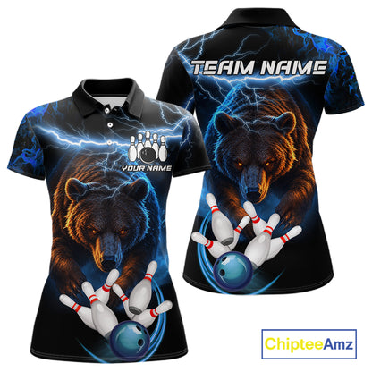 Personalized Blue Lightning Thunder Bear Bowling Shirts For Women Custom Bowling League Team Jersey TDM7218