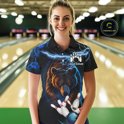 Personalized Blue Lightning Thunder Bear Bowling Shirts For Women Custom Bowling League Team Jersey TDM7218