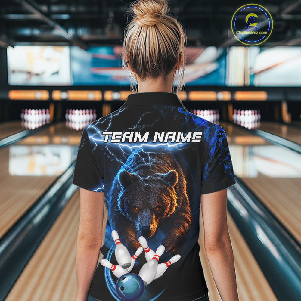 Personalized Blue Lightning Thunder Bear Bowling Shirts For Women Custom Bowling League Team Jersey TDM7218