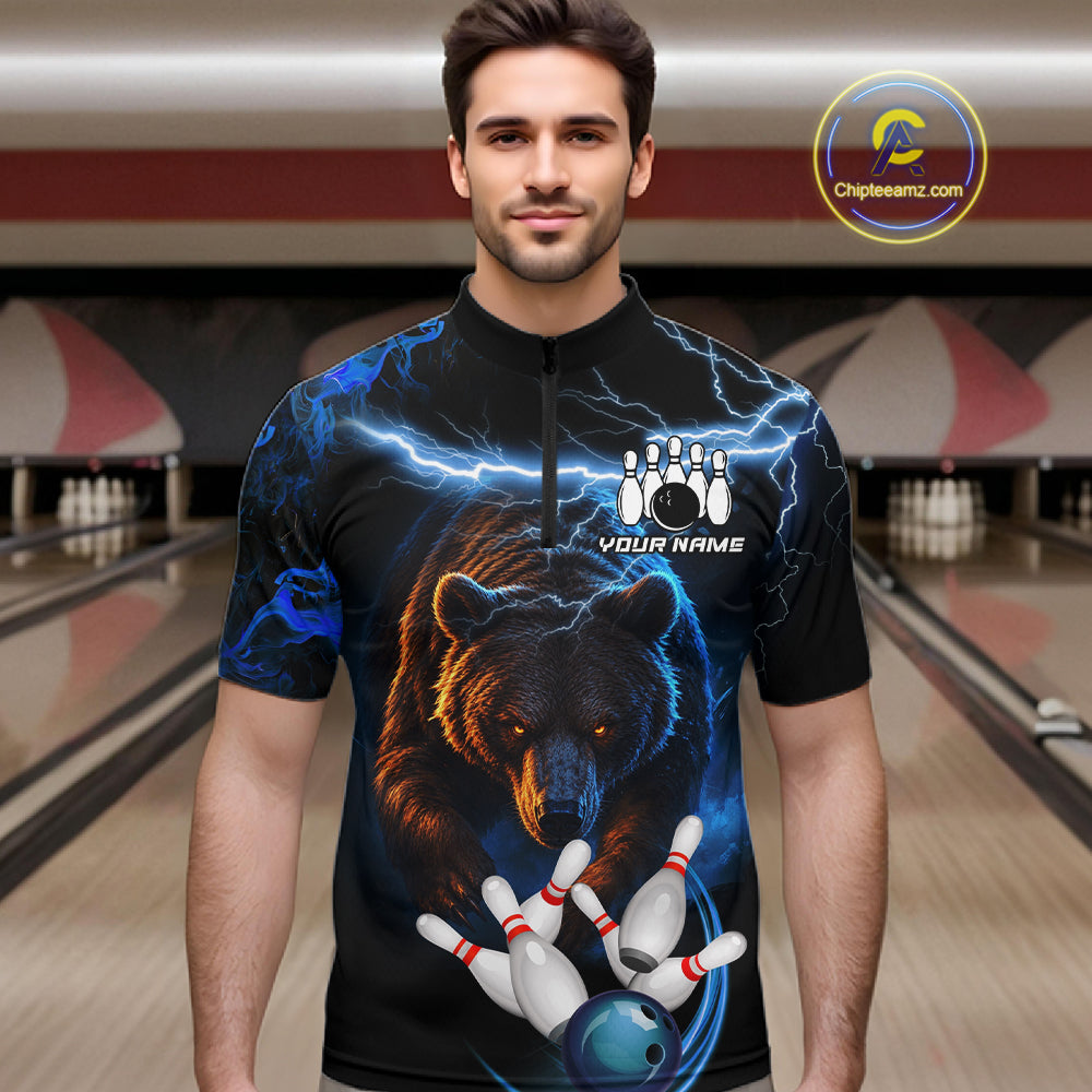 Personalized Blue Lightning Thunder Bear Bowling Shirts For Men Custom Bowling League Team Jersey TDM7218