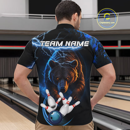 Personalized Blue Lightning Thunder Bear Bowling Shirts For Men Custom Bowling League Team Jersey TDM7218