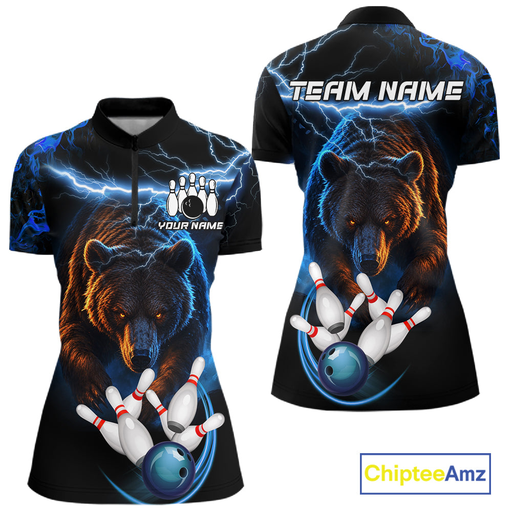 Personalized Blue Lightning Thunder Bear Bowling Shirts For Women Custom Bowling League Team Jersey TDM7218