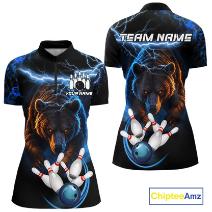 Personalized Blue Lightning Thunder Bear Bowling Shirts For Women Custom Bowling League Team Jersey TDM7218