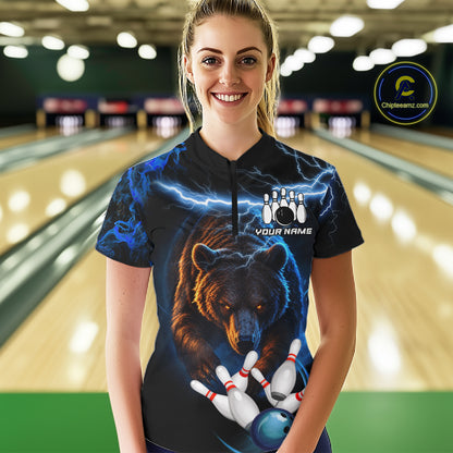 Personalized Blue Lightning Thunder Bear Bowling Shirts For Women Custom Bowling League Team Jersey TDM7218