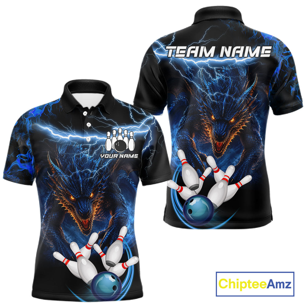 Personalized Blue Lightning Thunder Dragon Bowling Shirts For Men Custom Bowling League Team Jersey TDM7219