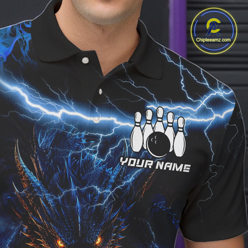 Personalized Blue Lightning Thunder Dragon Bowling Shirts For Men Custom Bowling League Team Jersey TDM7219
