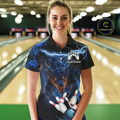 Personalized Blue Lightning Thunder Dragon Bowling Shirts For Women Custom Bowling League Team Jersey TDM7219
