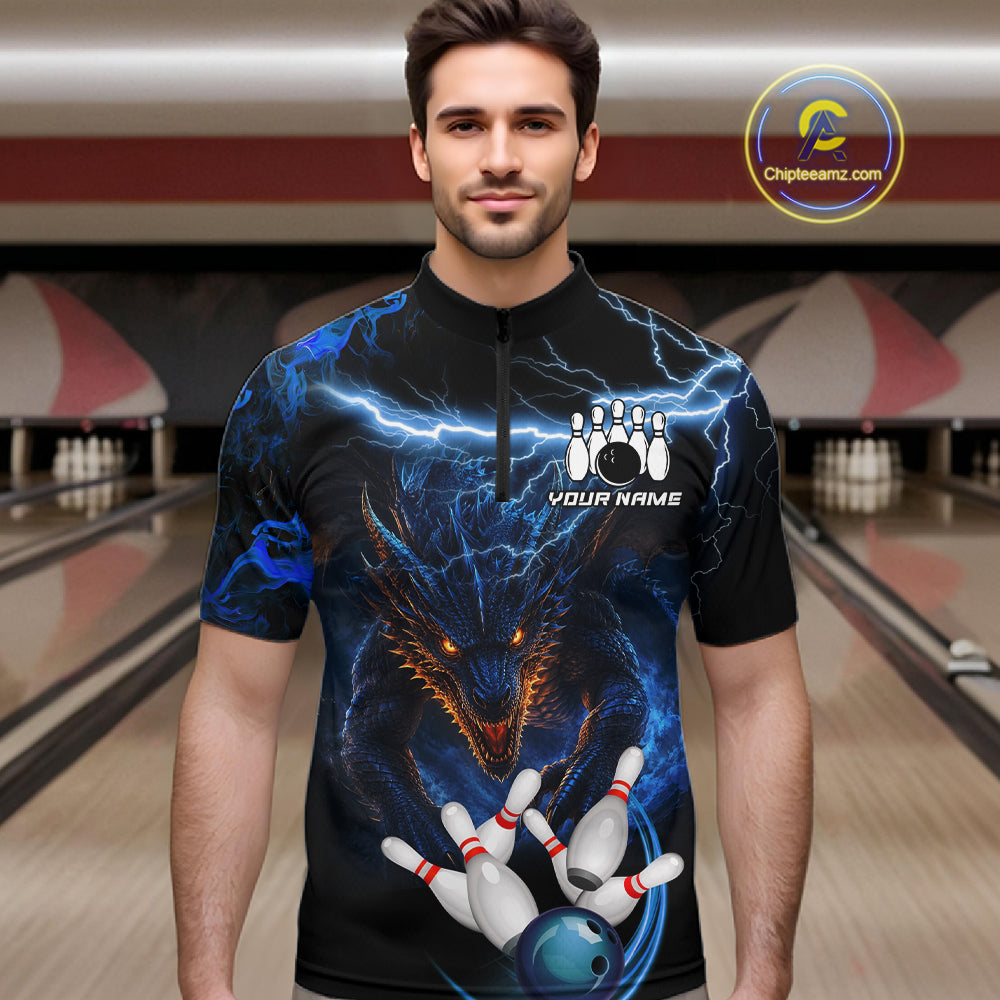 Personalized Blue Lightning Thunder Dragon Bowling Shirts For Men Custom Bowling League Team Jersey TDM7219