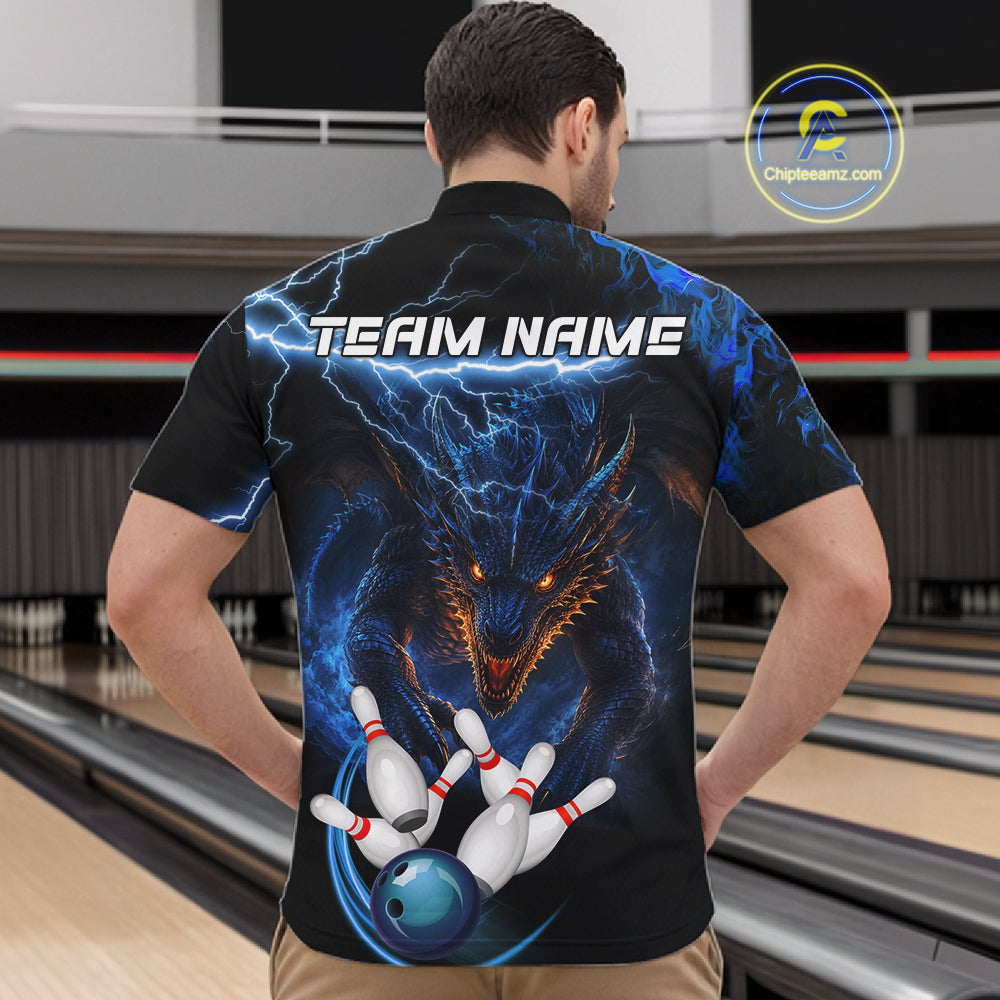 Personalized Blue Lightning Thunder Dragon Bowling Shirts For Men Custom Bowling League Team Jersey TDM7219