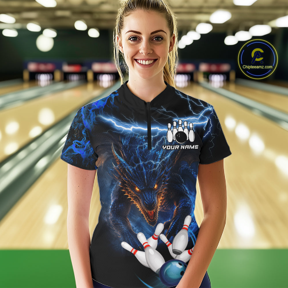 Personalized Blue Lightning Thunder Dragon Bowling Shirts For Women Custom Bowling League Team Jersey TDM7219