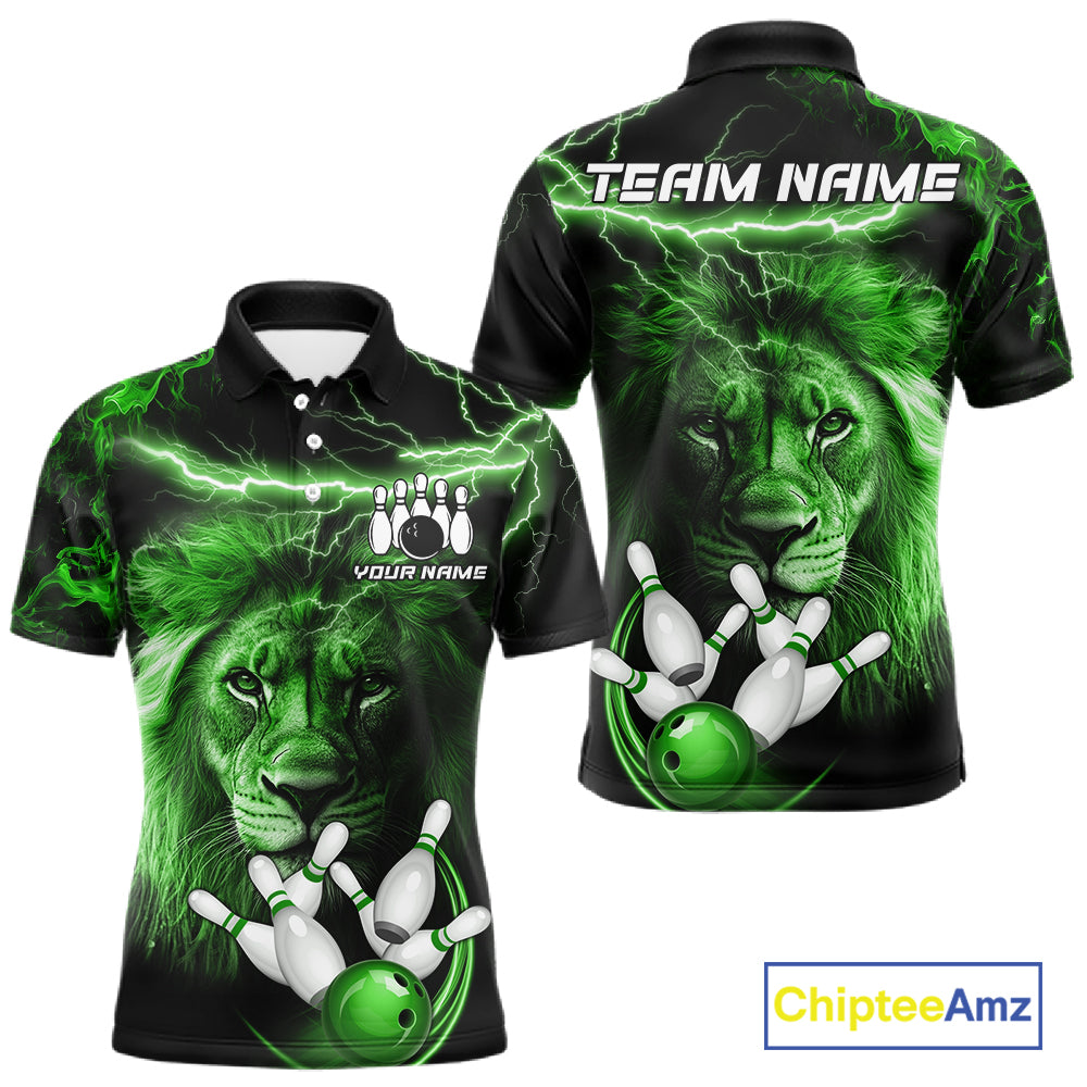 Personalized Green Lightning Thunder Lion Bowling Shirts For Men Custom Bowling Team Jerseys TDM7220