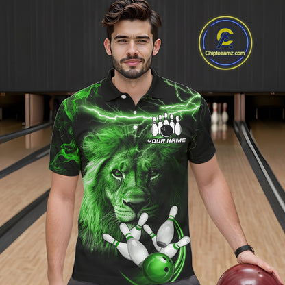 Personalized Green Lightning Thunder Lion Bowling Shirts For Men Custom Bowling Team Jerseys TDM7220