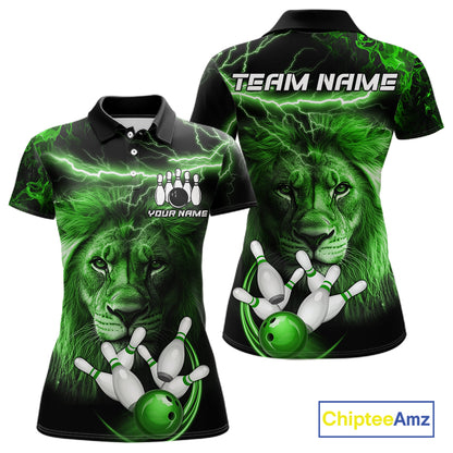 Personalized Green Lightning Thunder Lion Bowling Shirts For Women Custom Bowling Team Jerseys TDM7220