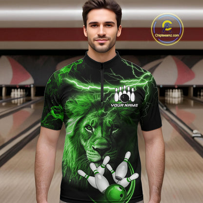 Personalized Green Lightning Thunder Lion Bowling Shirts For Men Custom Bowling Team Jerseys TDM7220