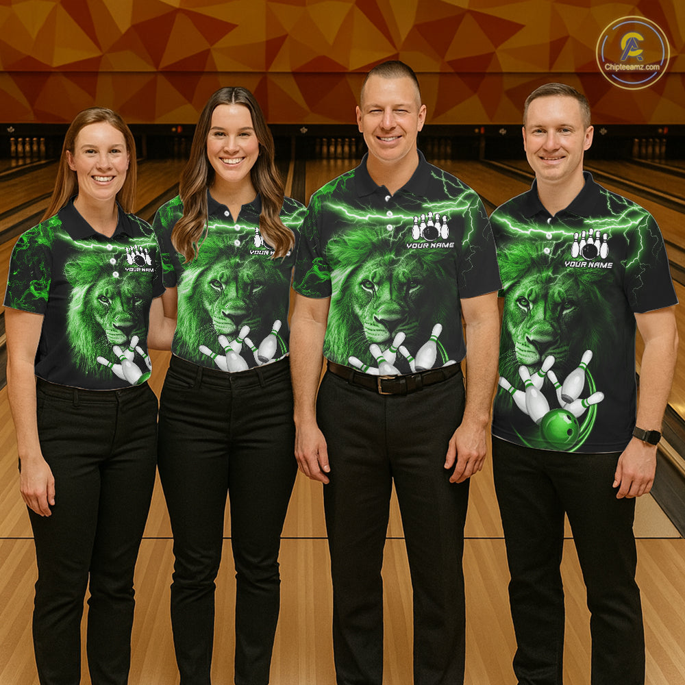 Personalized Green Lightning Thunder Lion Bowling Shirts For Men Custom Bowling Team Jerseys TDM7220