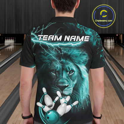 Personalized Turquoise Lightning Thunder Lion Bowling Shirts For Men Custom Bowling Team Jerseys TDM7221